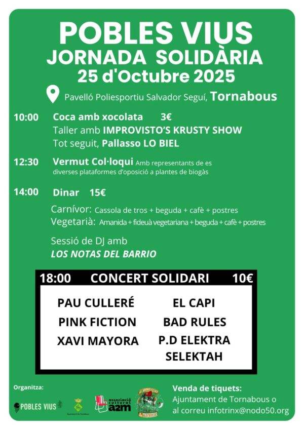 Cartell Jornada Solidària amb Pobles Vius. Dissabte, 25 d'Octubre de 2025 al Pavelló Poliesportiu Salvador Seguí de Tornabous. Dinar popular i concert solidari.