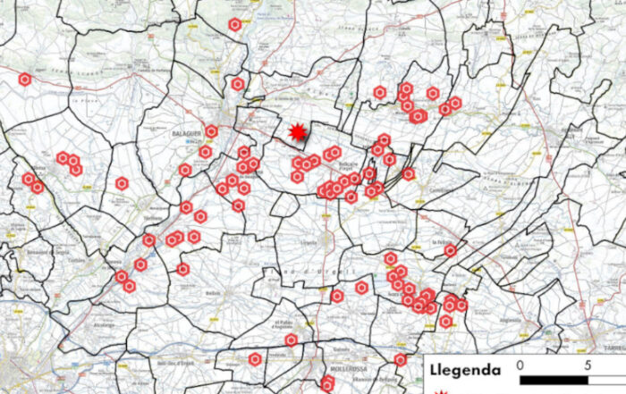 Mapa de les explotacions que figuren al pla de gestió agrària de La Sentiu Bioenergy S.L. Es pot constatar les distàncies fins a la macroplanta.