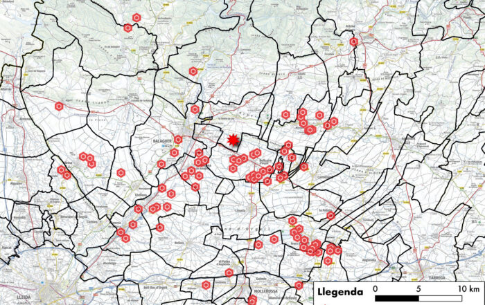 Mapa de les explotacions que figuren al pla de gestió agrària de La Sentiu Bioenergy S.L. Es pot constatar les distàncies fins a la macroplanta.
