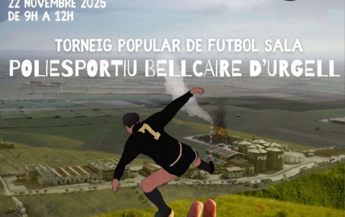 Cartell Dissabte 22 de Novembre de 2025, de 9 a 12 - torneig popular de futbol sala al Poliesportiu de Bellcaire d'Urgell.