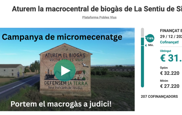 Captura de pantalla de la campanya de micromecenatge de Pobles Vius a Goteo. Campanya finalitzada amb gairebé 32.000€ bruts recaptats.