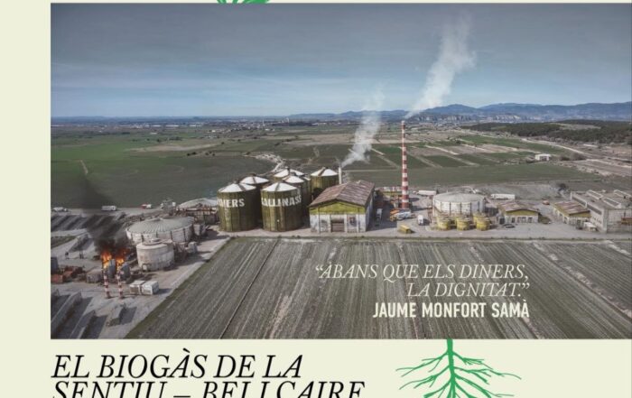 Cartell de la xerrada informativa El biogàs de La Sentiu - 1 de Maig de 2026 - Bellcaire d'Urgell. Amb Ramón Capdevila, Joserra Olarieta, Pol Alòs i Gerard Batalla