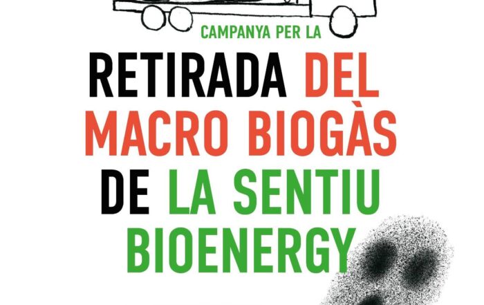 Cartell de la campanya de retirada del macrobiogàs de CIP-La Sentiu BIoenergy Hi ha un camió emetent residus que porta el nom de CIP